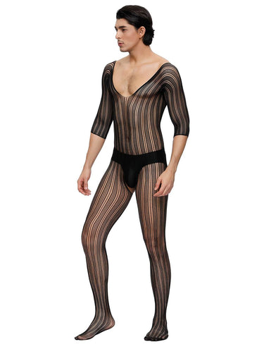 Black Striped Fishnet Bodystocking - Seductive Slopped Neck Crotchless Lingerie